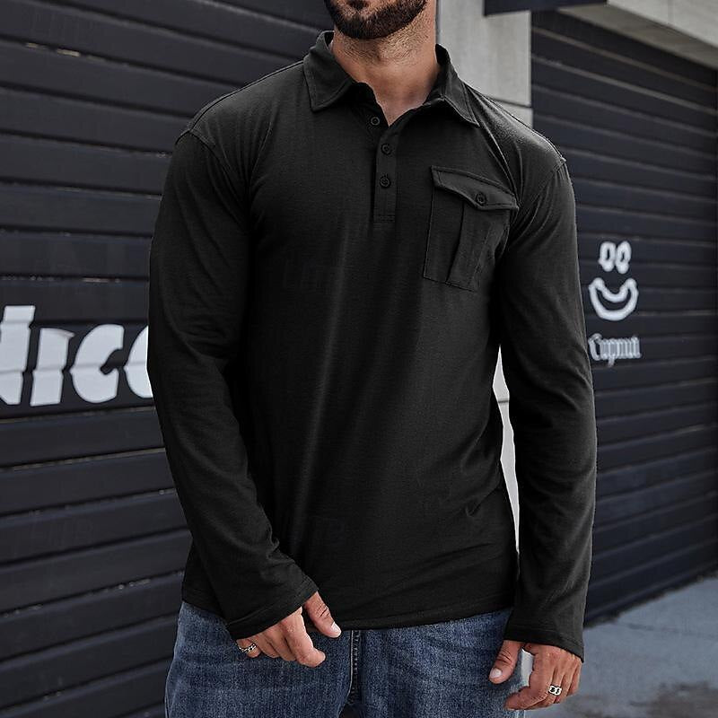 Herren Henley Langarmshirt – Regular Fit – Cotton – Stehkragen – Brusttasche