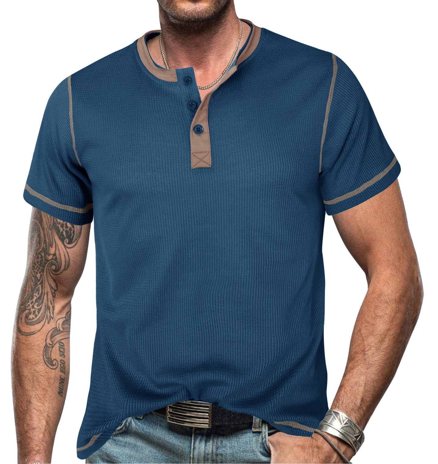 Herren Henley Shirt – Slim Fit – Atmungsaktive Baumwolle – Kurzarm mit Ziernähten