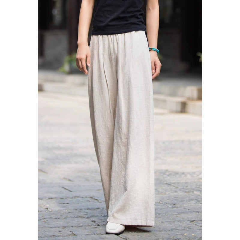 Damen Weite Hose – Linnen-Optik – Elastischer Bund – Lockerer Schnitt – Lang