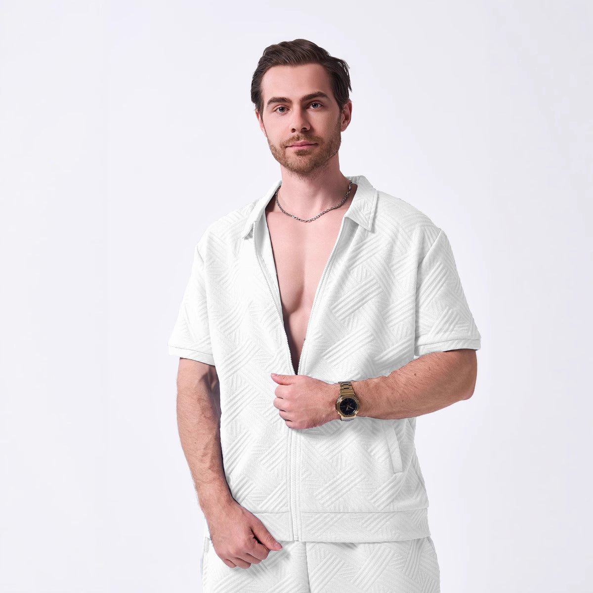 Herren Kurzarmhemd – Relaxed Fit – Texturierte Oberfläche – Zip Front – Baumwollmix