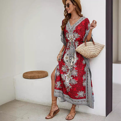 Damen Maxikleid – Luftiges Design – V-Ausschnitt – Weite Ärmel – Ornamentmuster