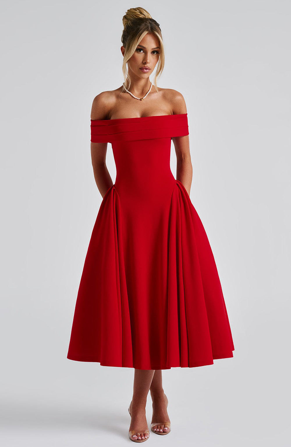 Damen Midikleid – Off Shoulder – A-Linien-Schnitt – Eleganter Look – Luxusstoff