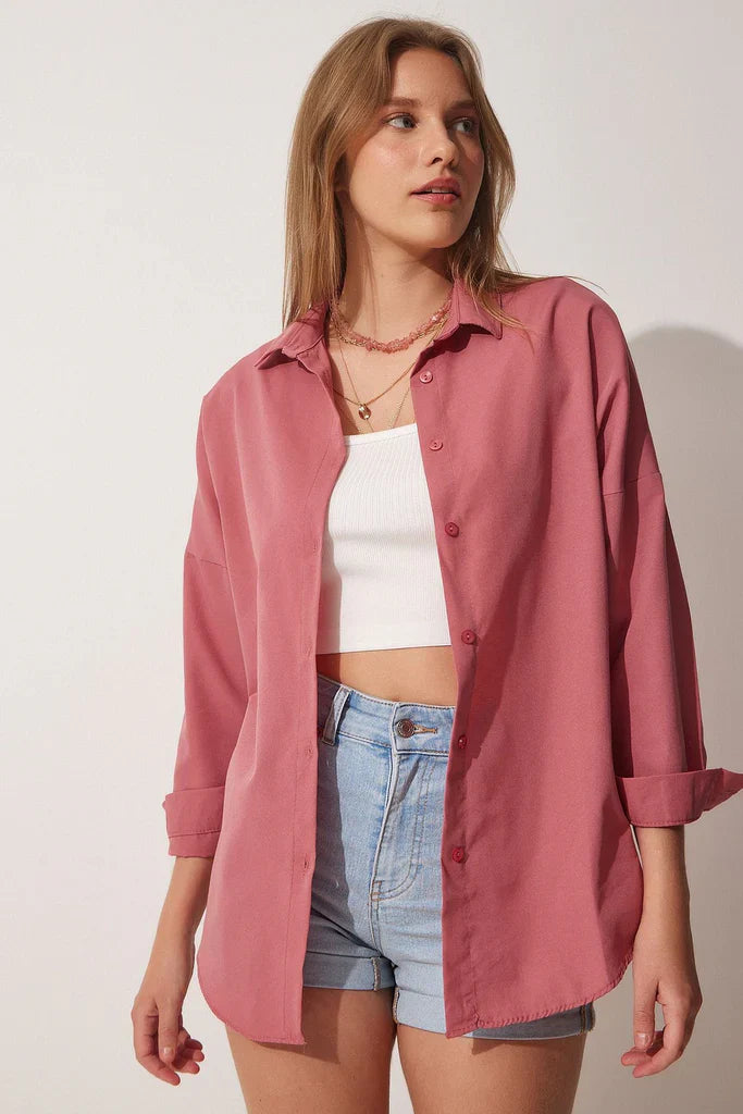 Damen Bluse – Oversized Fit – Baumwollmix – Lange Ärmel – Button-Down Kragen