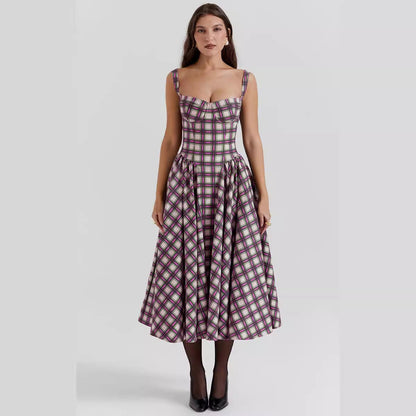 Damen Maxi Kleid – Figurbetontes Oberteil – A-Linie – Karomuster – Mit Taschen