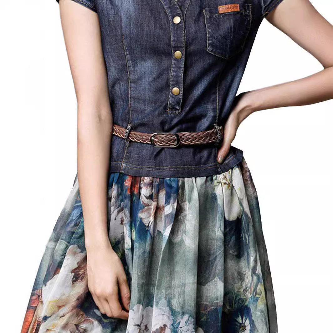 Damen Maxikleid – V-Ausschnitt – Knopfleiste – Geflochtener Gürtel – Luftiges Design