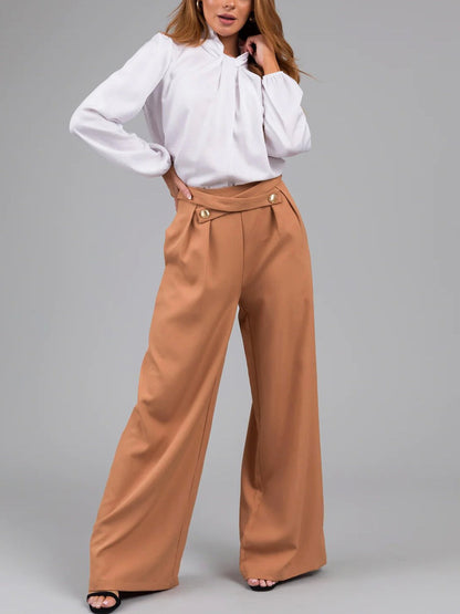Damenhose – Weit geschnitten – Hoher Bund – Knopfdetail – Lockerer Sitz – Lang