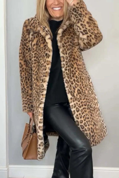 Damen Mantel – Kunstfell – Oversize Passform – Reverskragen – Leopardenmuster