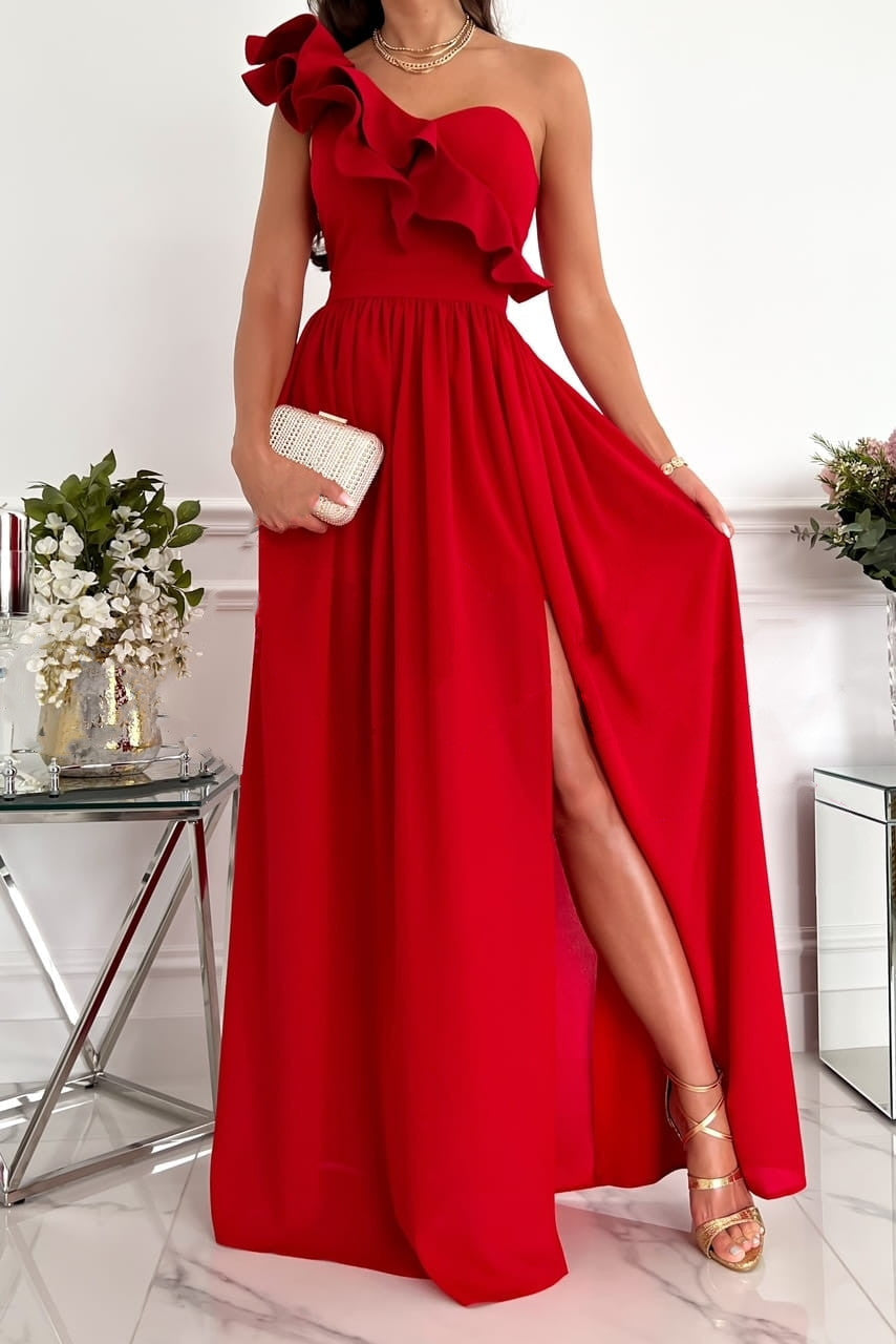 Damen Abendkleid – One-Shoulder mit Rüschen – Fließender Schnitt – Hoher Schlitz