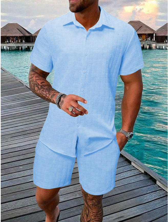 Herren Zweiteiler Set – Relaxed Fit – Jacquard Textur – Naturfasern – Kurzarm Hemd