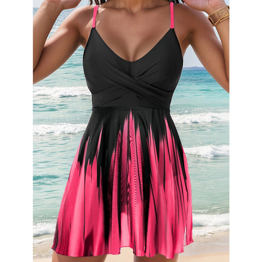 Damen Badeanzug Kleid – A-Linie – Wickeloptik – Verstellbare Träger – Atmungsaktiv