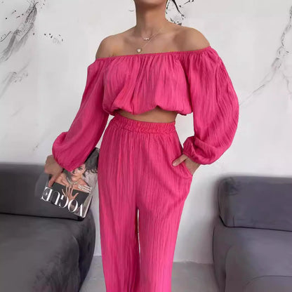 Damen Zweiteiler Set – Off Shoulder Crop Top – Weit Beinschnitt – Elastischer Bund