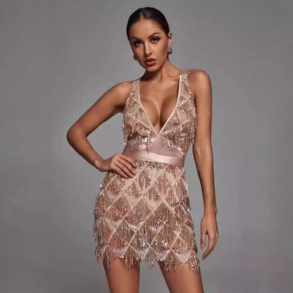 Damen Midikleid – Figurbetont – V-Ausschnitt – Pailletten mit Quasten – Geometrisch