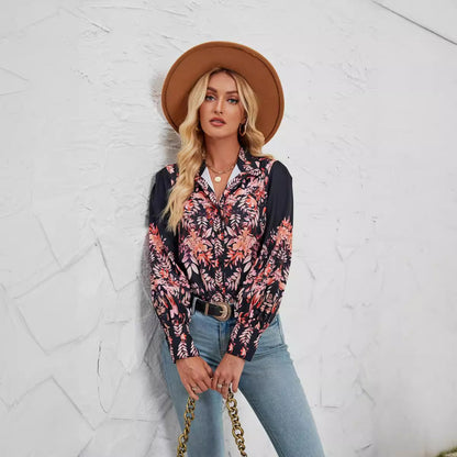 Damen Bluse – Lockere Passform – Knopfleiste – Stehkragen – Blumenmuster