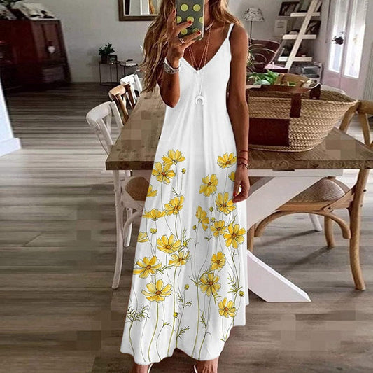 Damen Maxikleid – Lockerer Schnitt – V-Ausschnitt – Spaghettiträger – Blumenmuster