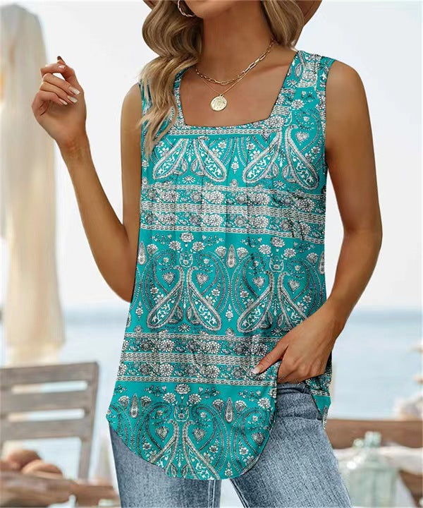 Damen Top ärmellos – Lockere Passform – Atmungsaktives Material – Blumenmuster
