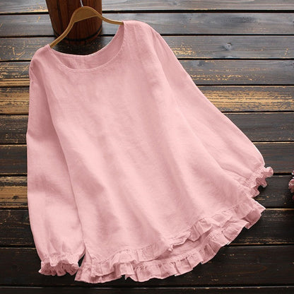 Damen Bluse – Lockerer Schnitt – Cotton-Linnen – Rüschenärmel – Rundhals Langarm