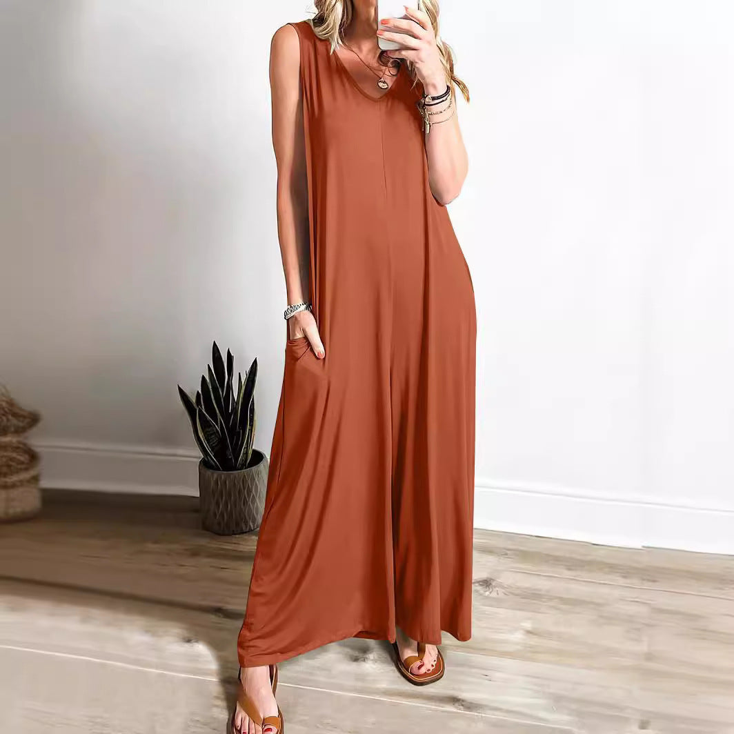Damen Maxikleid – Weicher Feinstrick – Ärmellos – V-Ausschnitt – Seitentaschen