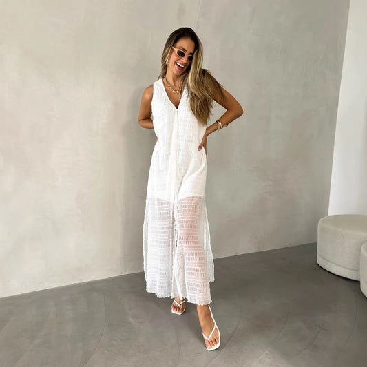 Damen Maxikleid – Fließende Passform – Ärmellos mit V-Ausschnitt – Spitze mit Schlitz