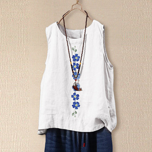Damen Bluse ohne Ärmel – Lockerer Schnitt – Florale Stickerei – Naturfasern