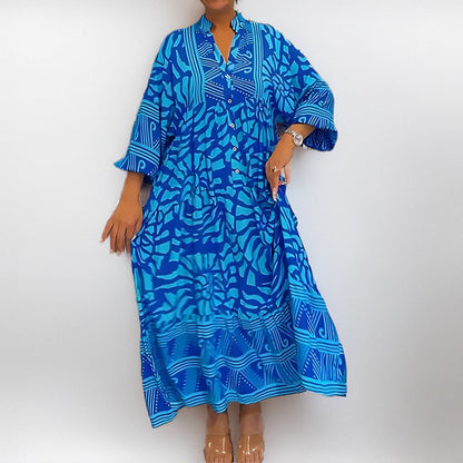Damen Midikleid – Relaxed Fit – Abstraktes Muster – Knopfleiste – Stehkragen – 3/4 Ärmel