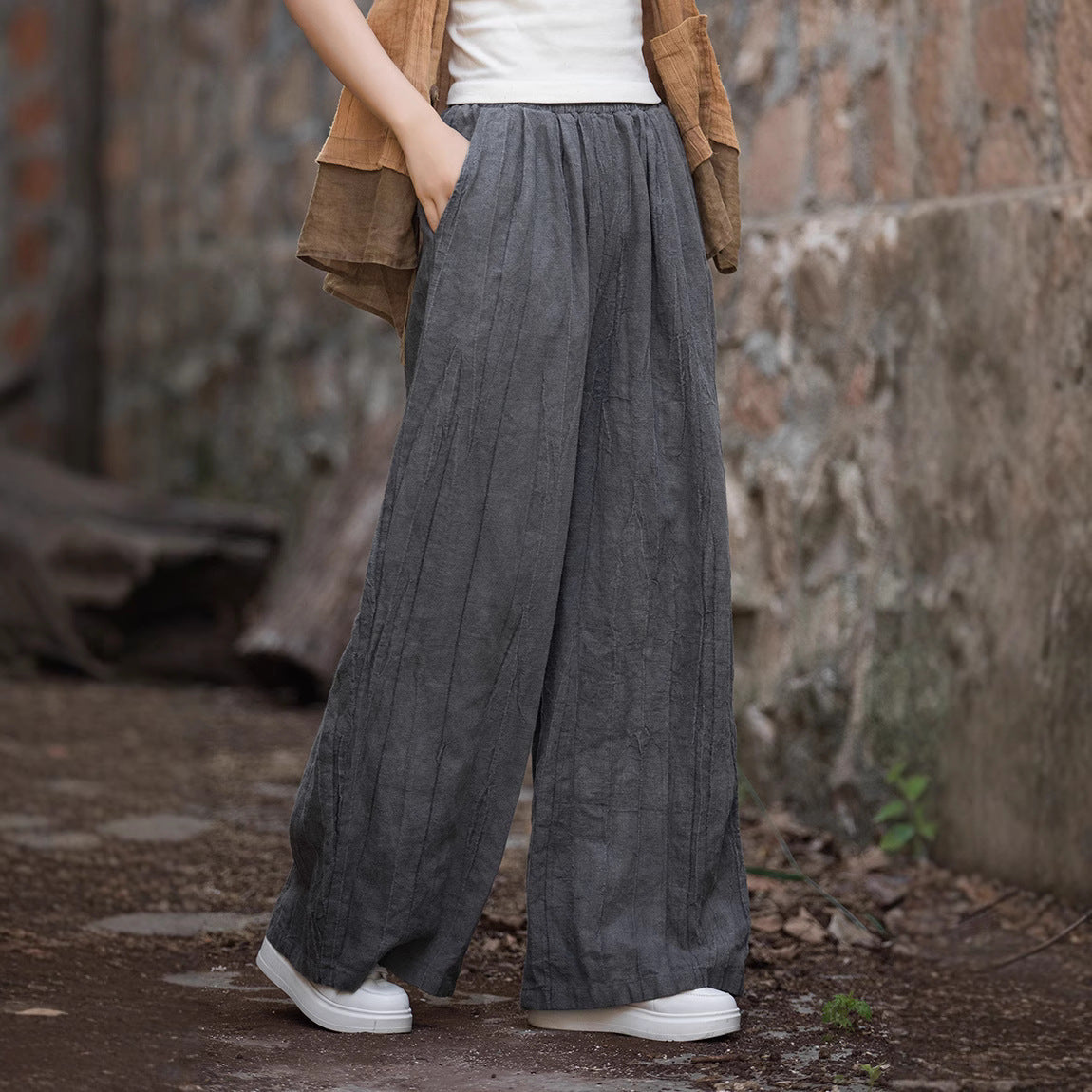 Damen Weite Hose – Linnen Baumwolle – Lockerer Schnitt – Tie-Dye Muster – Voll-Länge