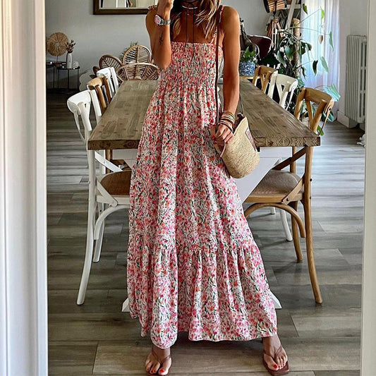 Damen Maxikleid – Smocked Oberteil – Ärmellos – Luftiger Schnitt – Boho-Stil