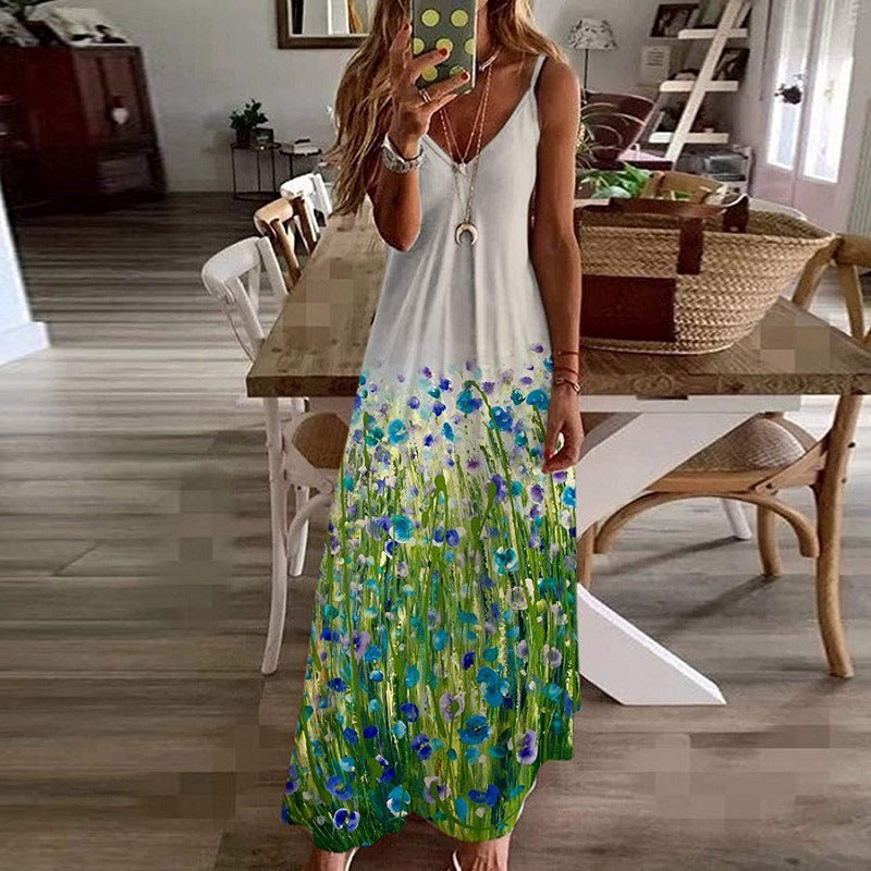 Damen Maxikleid – Lockerer Schnitt – V-Ausschnitt – Spaghettiträger – Blumenmuster