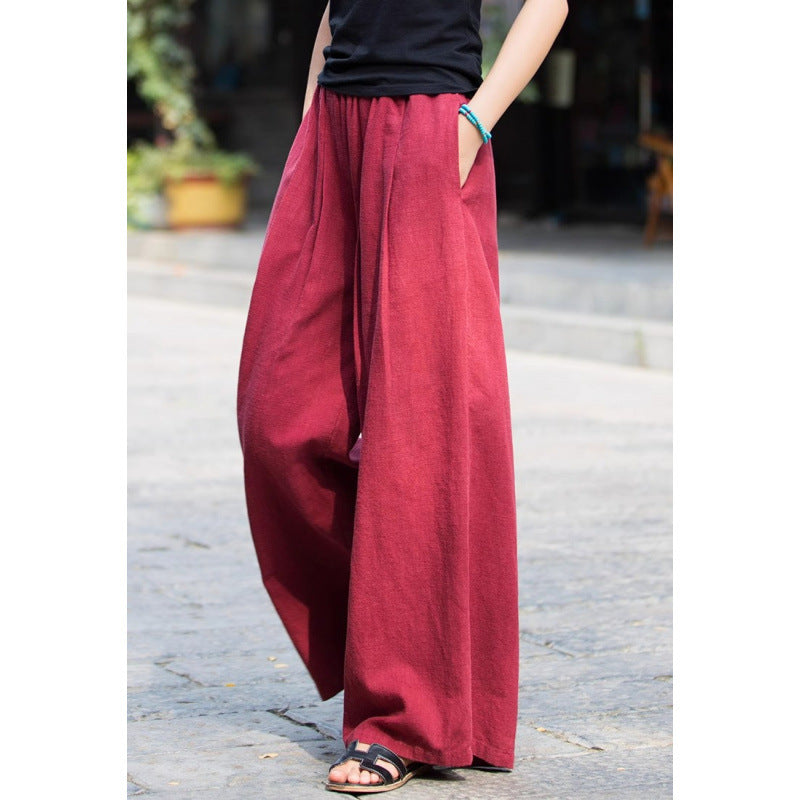 Damen Weite Hose – Linnen-Optik – Elastischer Bund – Lockerer Schnitt – Lang