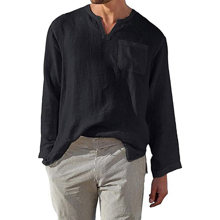 Herren Langarmhemd – Relaxed Fit – Natürliche Fasern – Stehkragen – Brusttasche