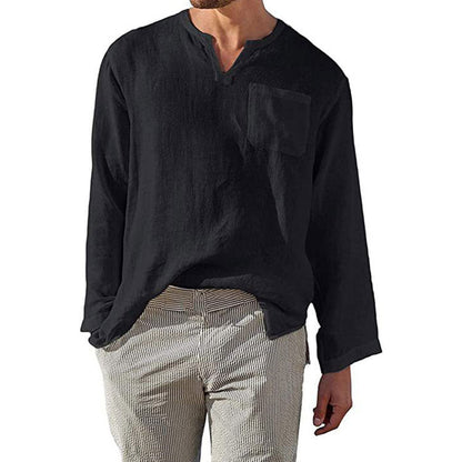 Herren Langarmhemd – Relaxed Fit – Natürliche Fasern – Stehkragen – Brusttasche