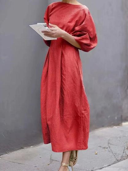 Damen Kleid – Lockerer Schnitt – Puffärmel – Rundhals – Atmungsaktiv Baumwolle