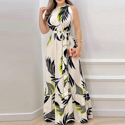 Damen Maxikleid – Halterneck – Blumenmuster – Rüschen-Saum – Taillenbindung – Elegante Passform