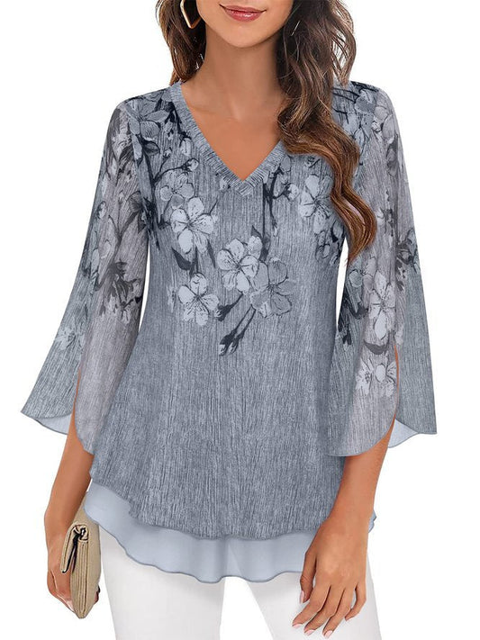 Damen Bluse – Lockerer Schnitt – V-Ausschnitt – Blumenmuster – Flatterärmel 3/4