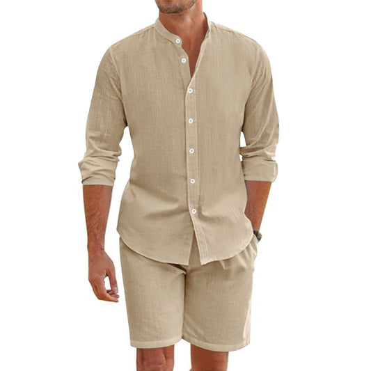 Herren Zweiteiler Set – Lockerer Schnitt – Button-Up Hemd & Shorts – Atmungsaktive Fasern
