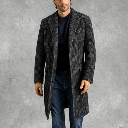 Herren Mantel – Tailored Fit – Wollstruktur – Notch-Revers – Mid-Length Elegant