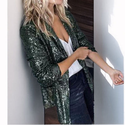 Damen Blazer – Taillierter Schnitt – Paillettenstoff – Offene Front – Lange Ärmel
