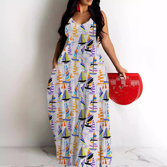Damen Maxikleid – Fließender Schnitt – V-Ausschnitt – Spaghettiträger – Abstraktes Muster