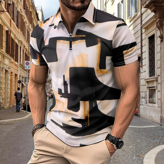 Herren Kurzarmhemd – Slim Fit – Atmungsaktiver Baumwollmix – Zipkragen mit Print