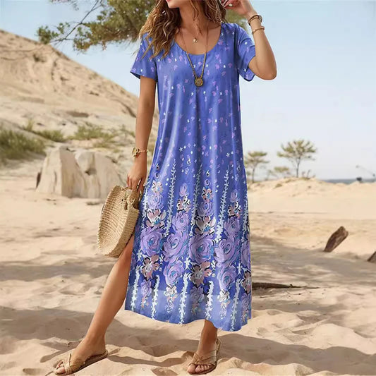 Damen Maxikleid – Lockerer Schnitt – Kurzarm – Blumendesign – Baumwolle