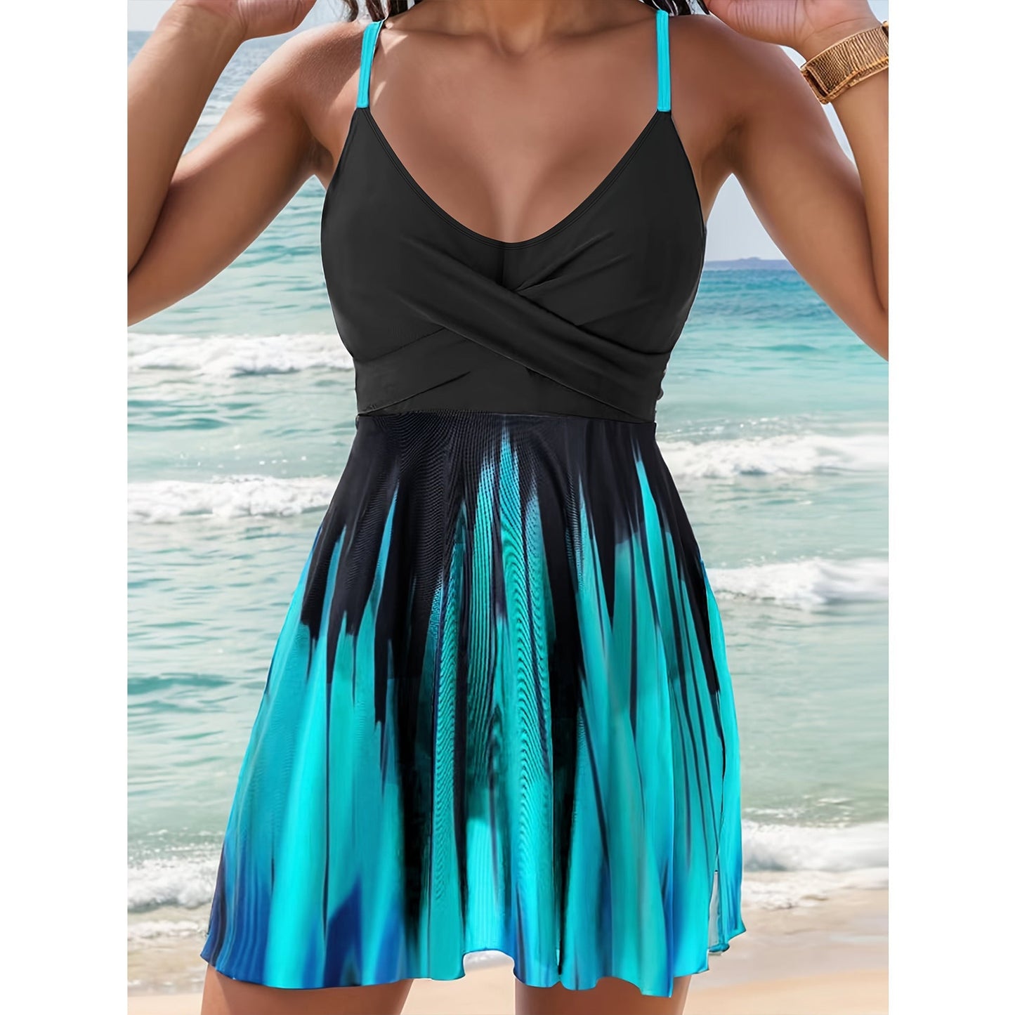 Damen Badeanzug Kleid – A-Linie – Wickeloptik – Verstellbare Träger – Atmungsaktiv