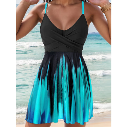 Damen Badeanzug Kleid – A-Linie – Wickeloptik – Verstellbare Träger – Atmungsaktiv