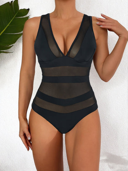 Damen Badeanzug – Figurbetont – Tiefer V-Ausschnitt – Mesh-Einsätze – Elegantes Design
