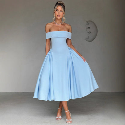 Damen Midikleid – Off Shoulder – A-Linien-Schnitt – Eleganter Look – Luxusstoff