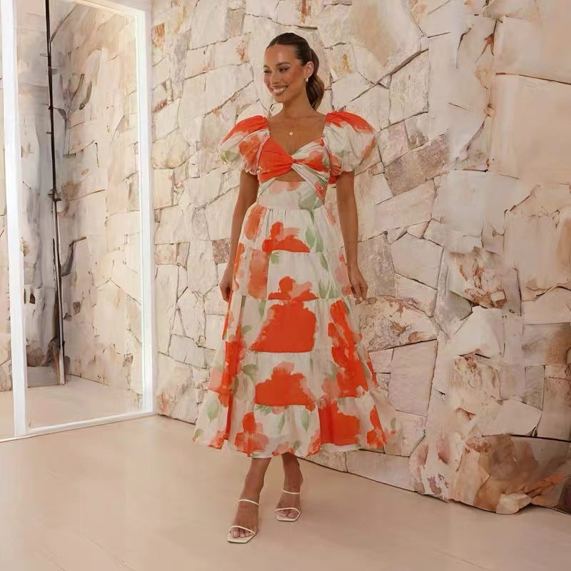 Damen Maxikleid – Luftiger Schnitt – Puffärmel – Elegant gemustert – Naturfasern