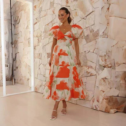 Damen Maxikleid – Luftiger Schnitt – Puffärmel – Elegant gemustert – Naturfasern