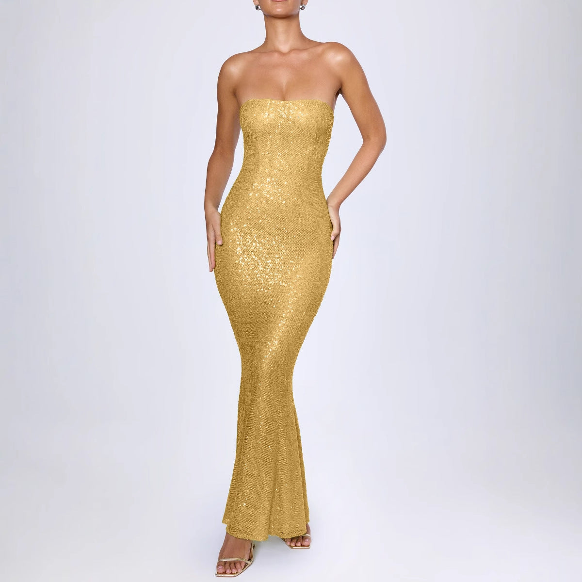 Damen Maxikleid – Schulterfrei – Figurbetont – Glitzernd – Meerjungfrauenschnitt