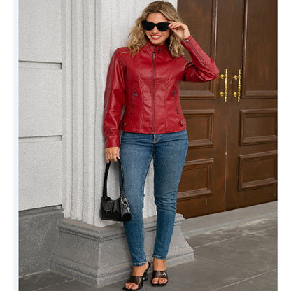 Damen Motojacke – Slim Fit – Kunstleder – Stehkragen – Ziertaschen mit Reißverschluss