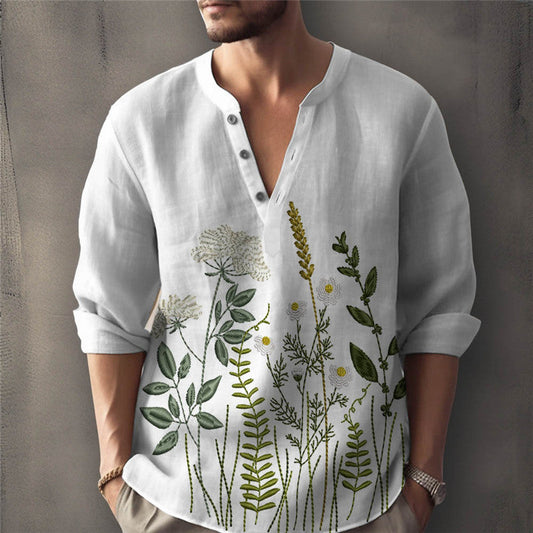 Herren Henley Shirt – Lockerer Schnitt – Florale Stickerei – Atmungsaktive Baumwolle
