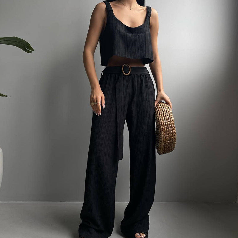 Damen Zweiteiler Set – Crop Top & High Waist Hose – Luftig Knitterstruktur