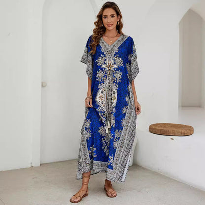 Damen Maxikleid – Luftiges Design – V-Ausschnitt – Weite Ärmel – Ornamentmuster